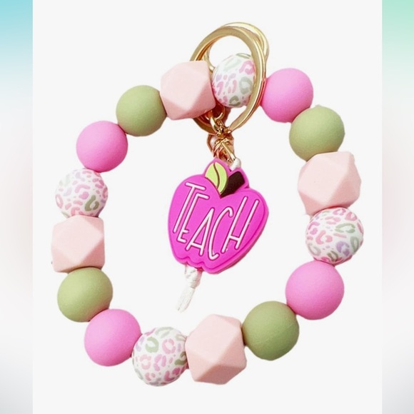 Pink and Green Beaded Keychain with Teach Charm - Picture 1 of 1